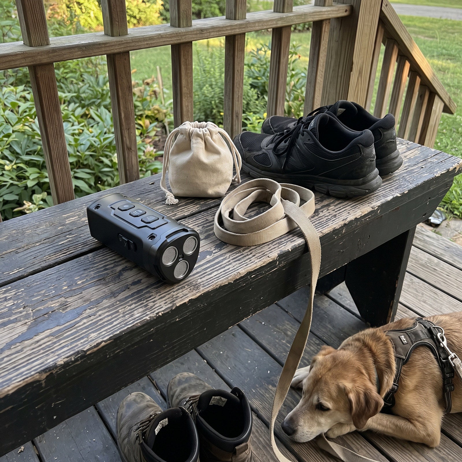 Black Quiet Trail trainer beside a leash and treats on a porch