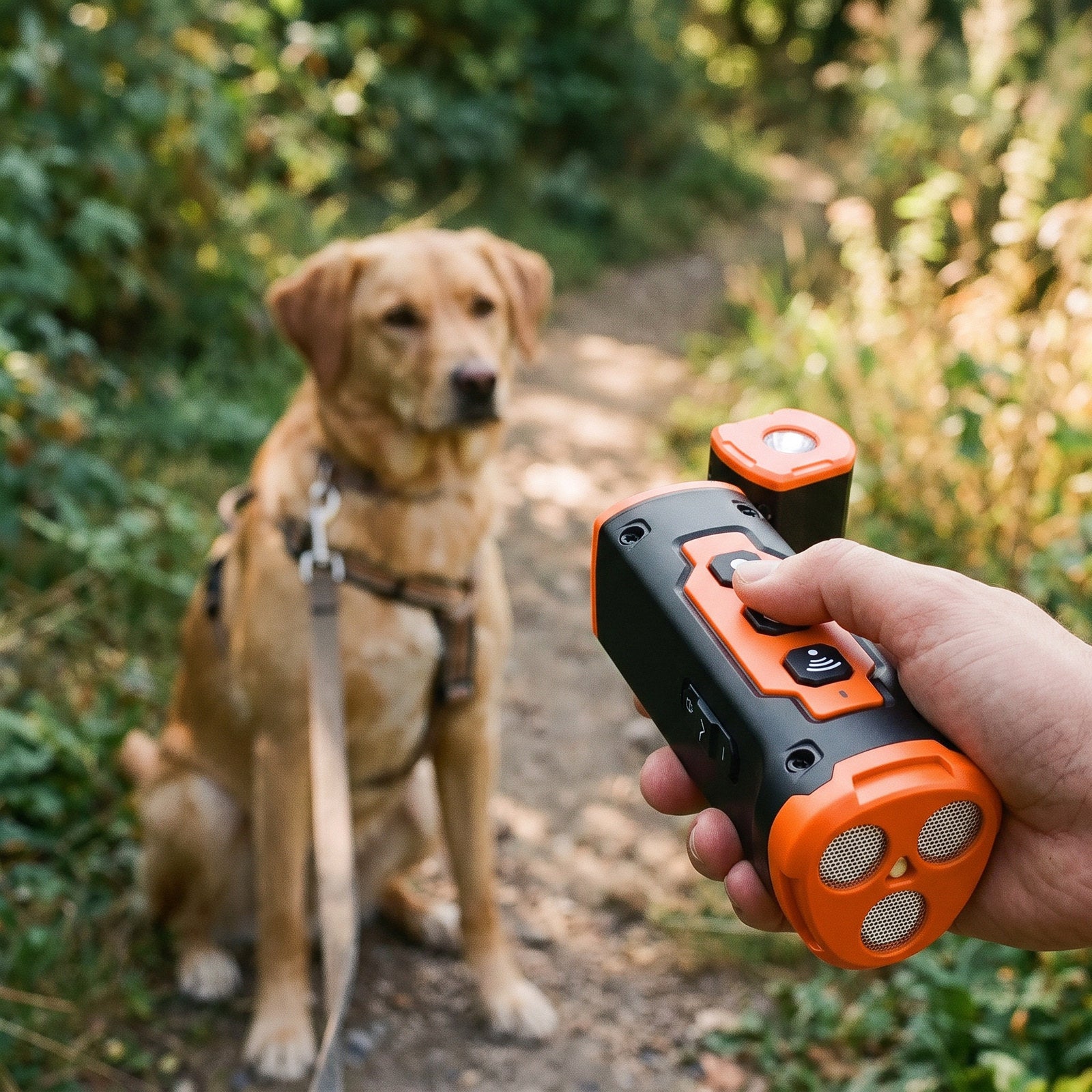 Thumb on an Orange Black Quiet Trail trainer top button during garden practice