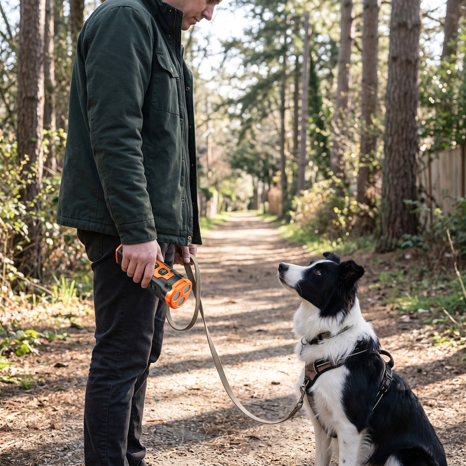 Owner with Orange Black trainer and leashed collie practising on a residential path