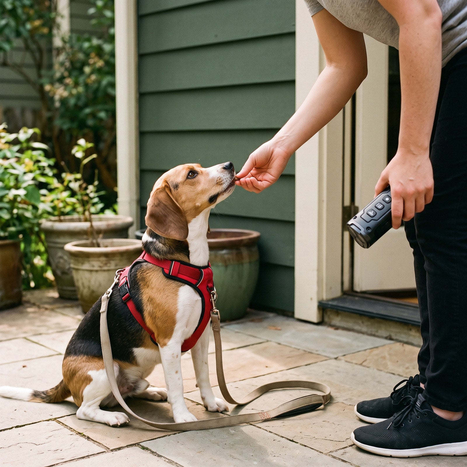 Owner with Black trainer rewarding a calm beagle on a patio
