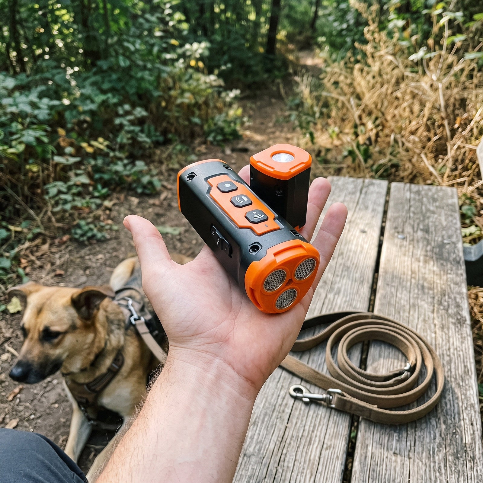 Orange Black trainer held in an adult hand