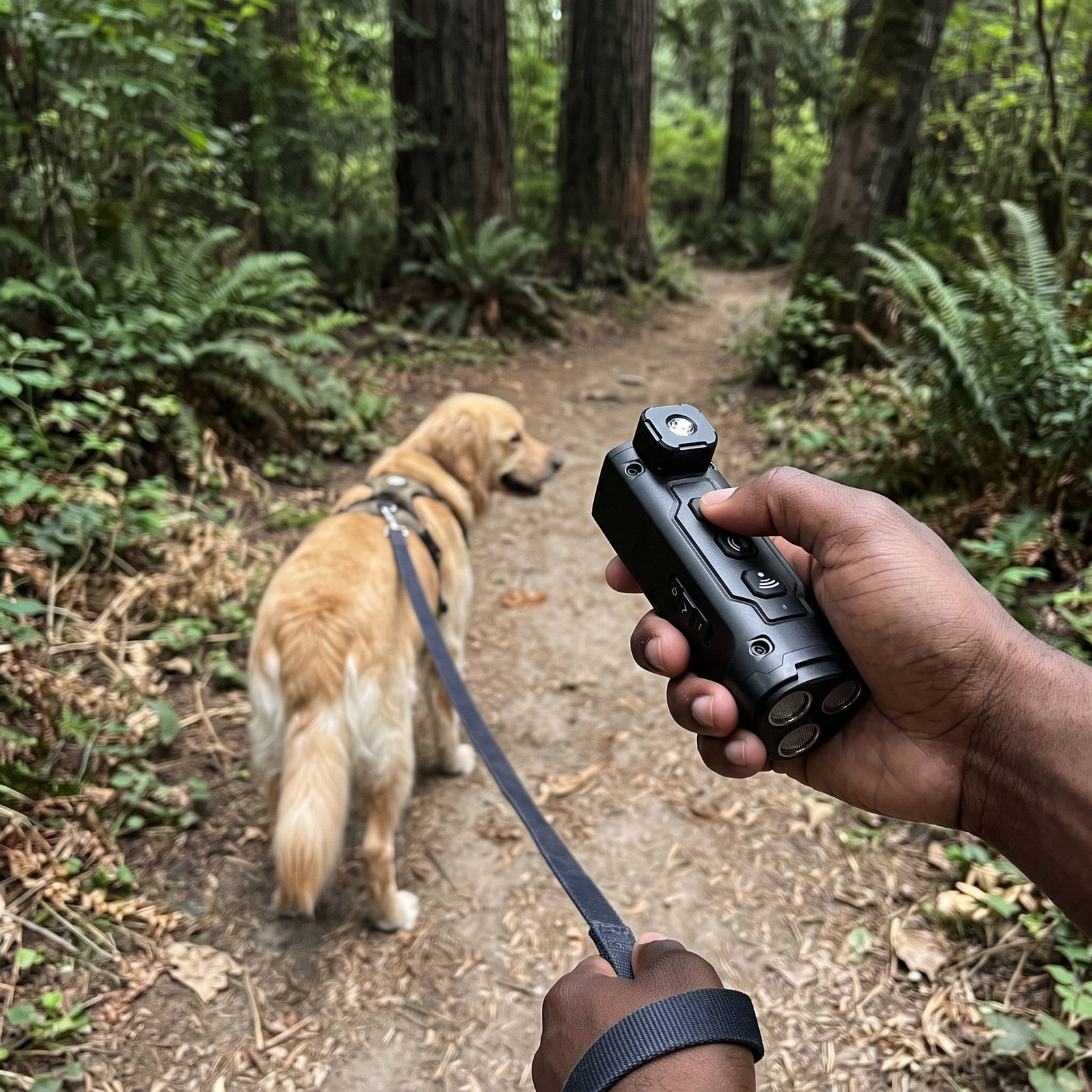 Black trainer in an owner’s hand on a suburban walking path