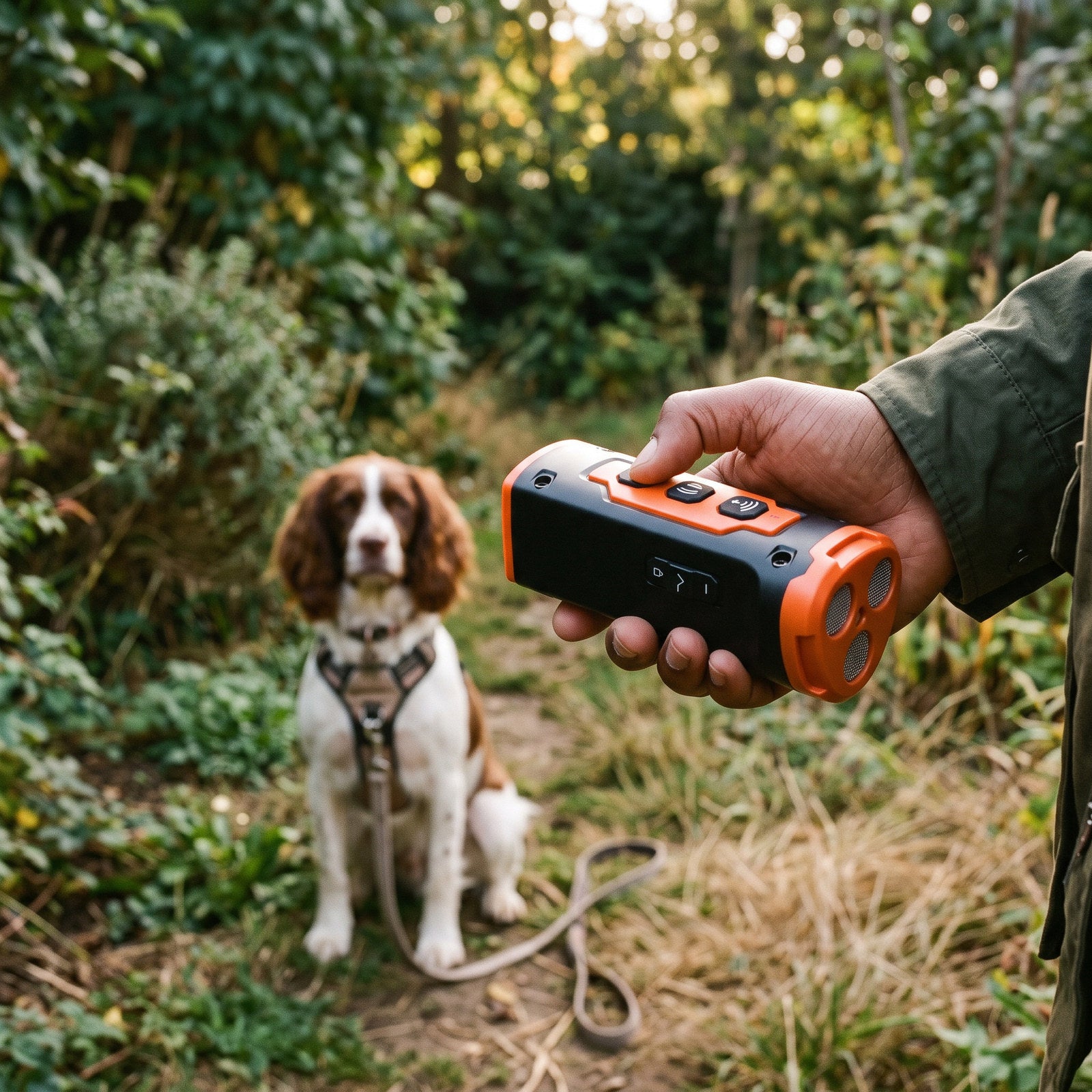 Hand using an Orange Black trainer button with a spaniel in a garden