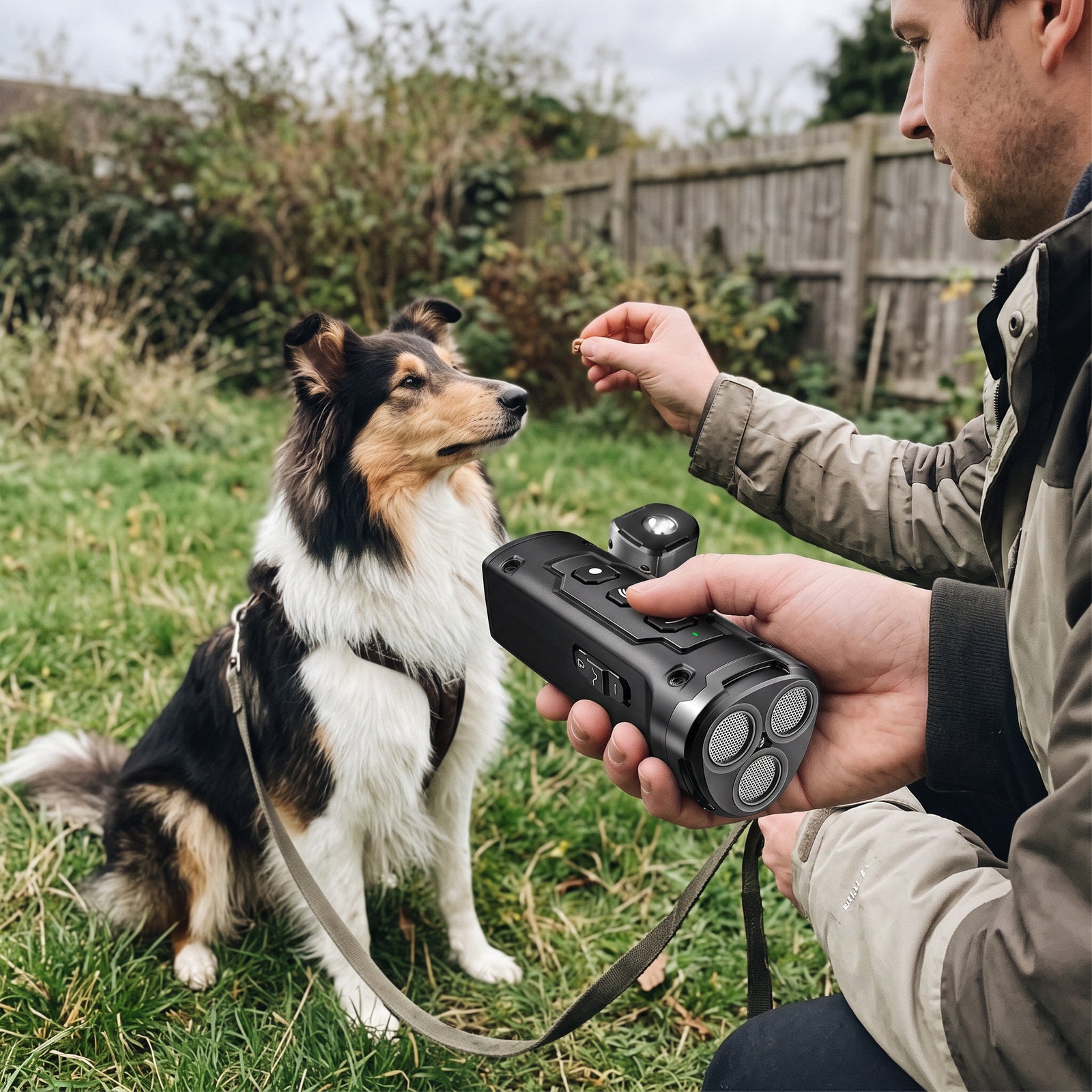 Owner rewarding a collie with a Black trainer in a backyard
