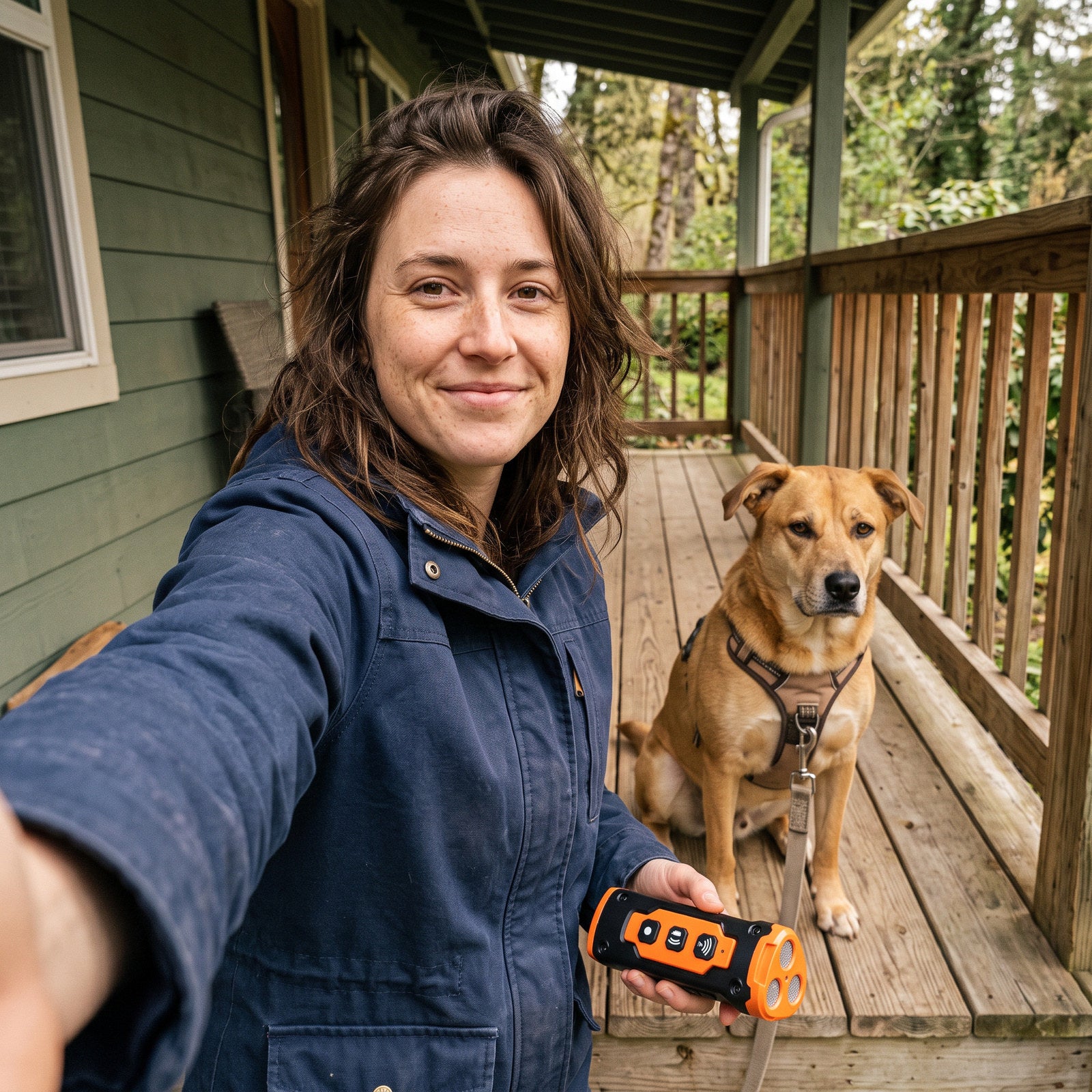 E. R. taking a porch selfie with Orange Black trainer and dog