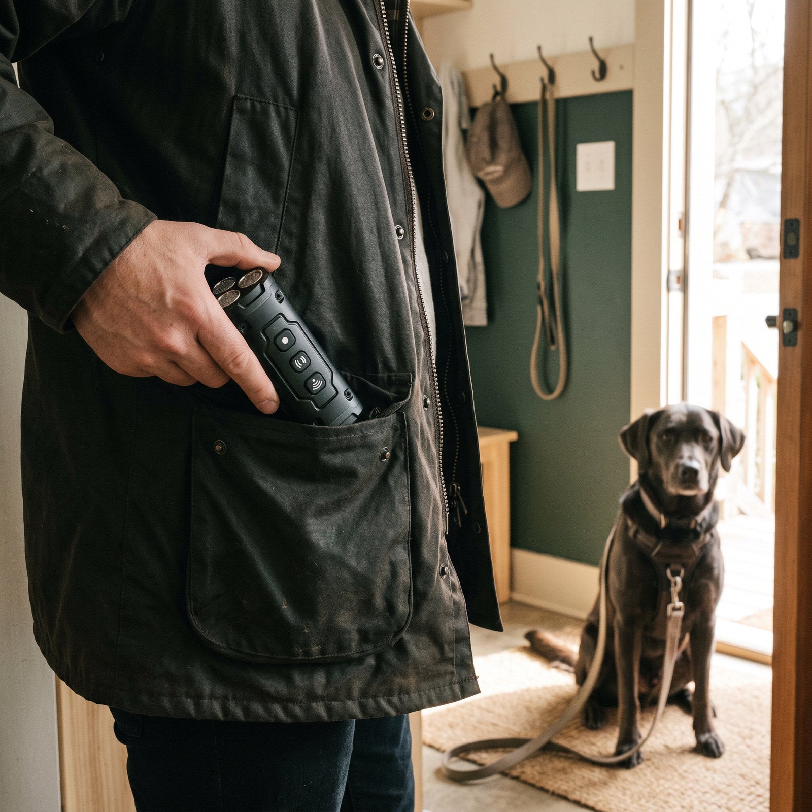 Owner sliding a Black trainer into a jacket pocket near lead hooks