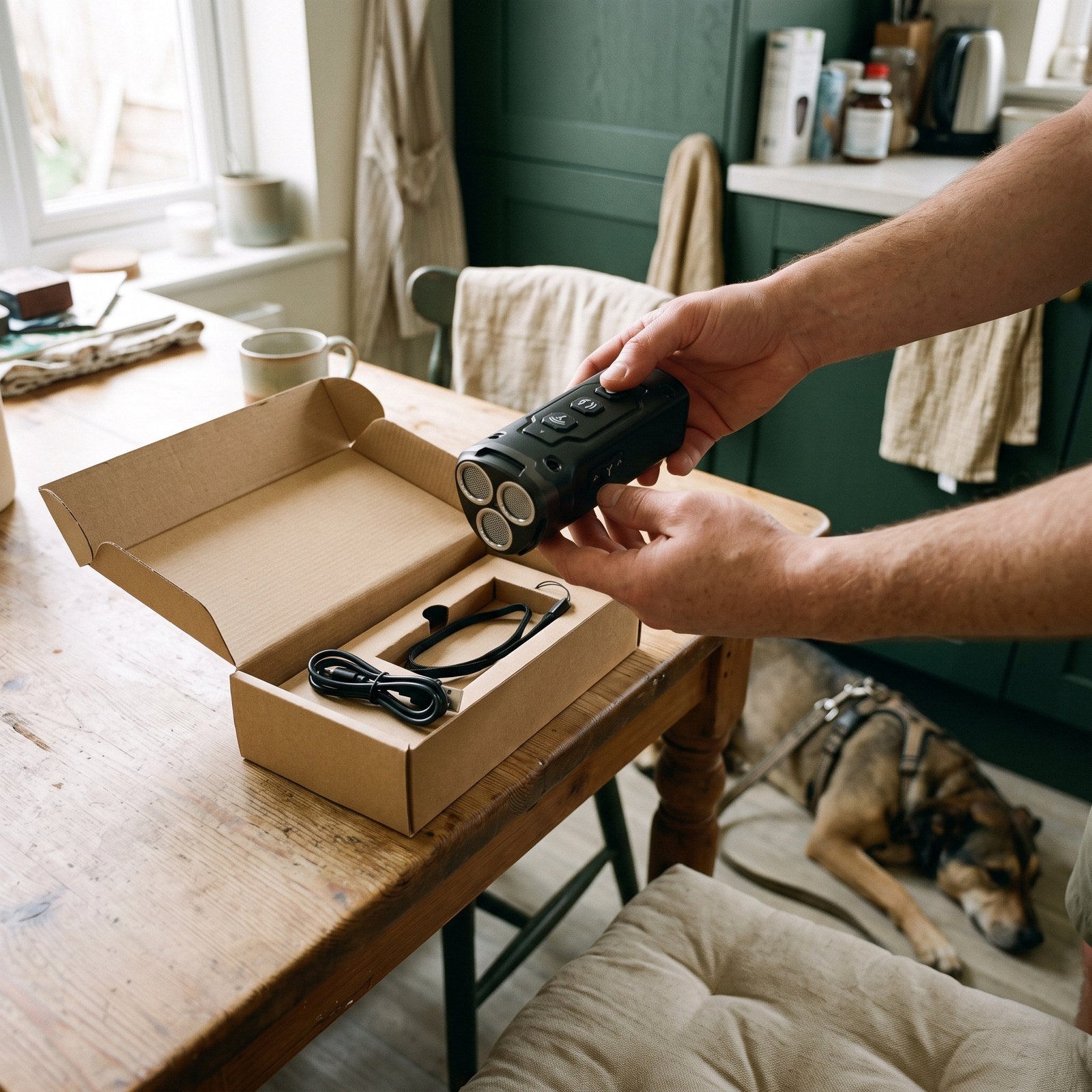 Owner unpacking a Black trainer, USB cable and wrist strap at a kitchen table