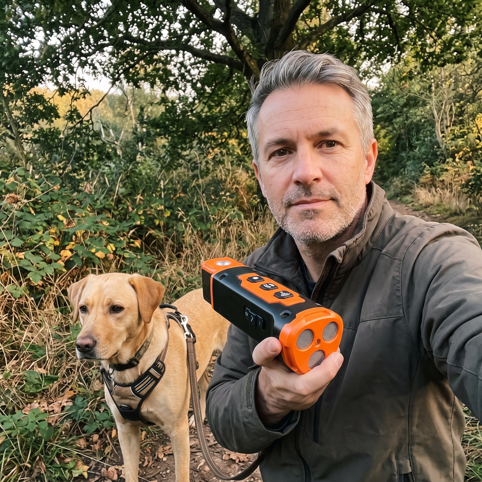 M. W. taking a selfie under a tree with Orange Black trainer