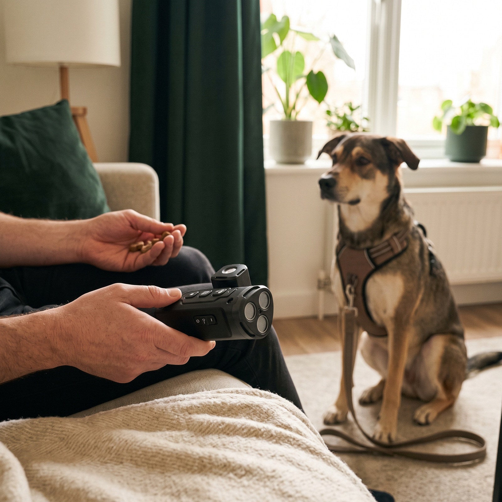 Owner POV with Black trainer, treats and dog beside a living room window
