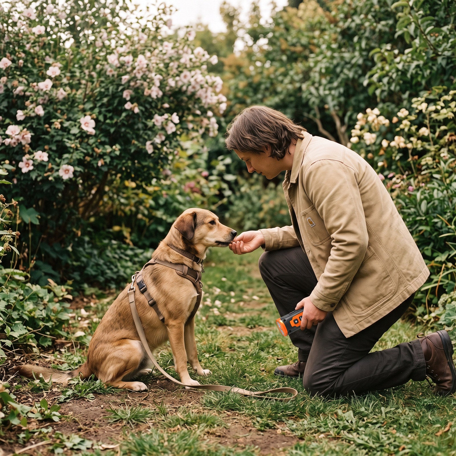 Wide view of owner rewarding a dog beside an Orange Black trainer