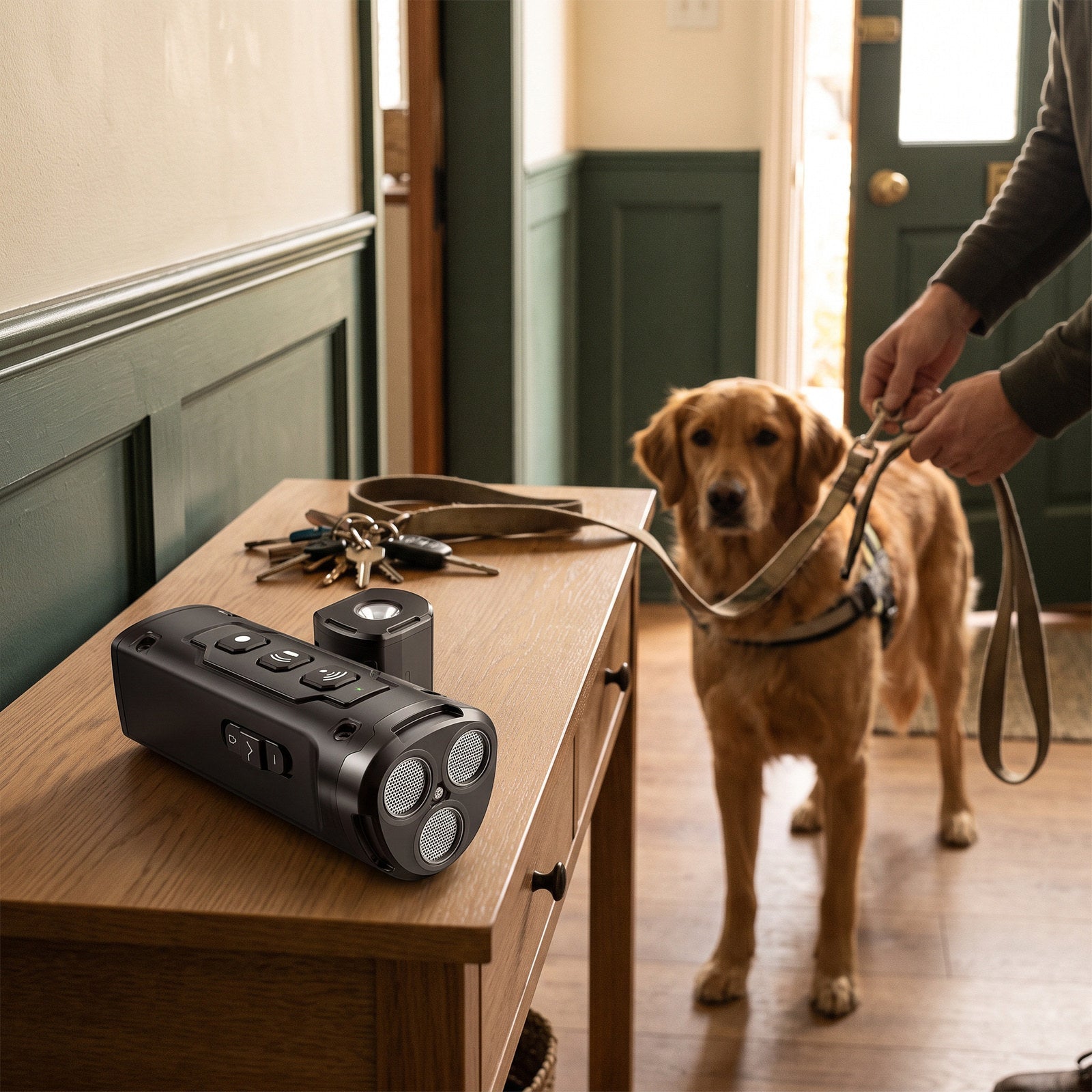 Black trainer on a hall console as a hand unclips a dog’s leash