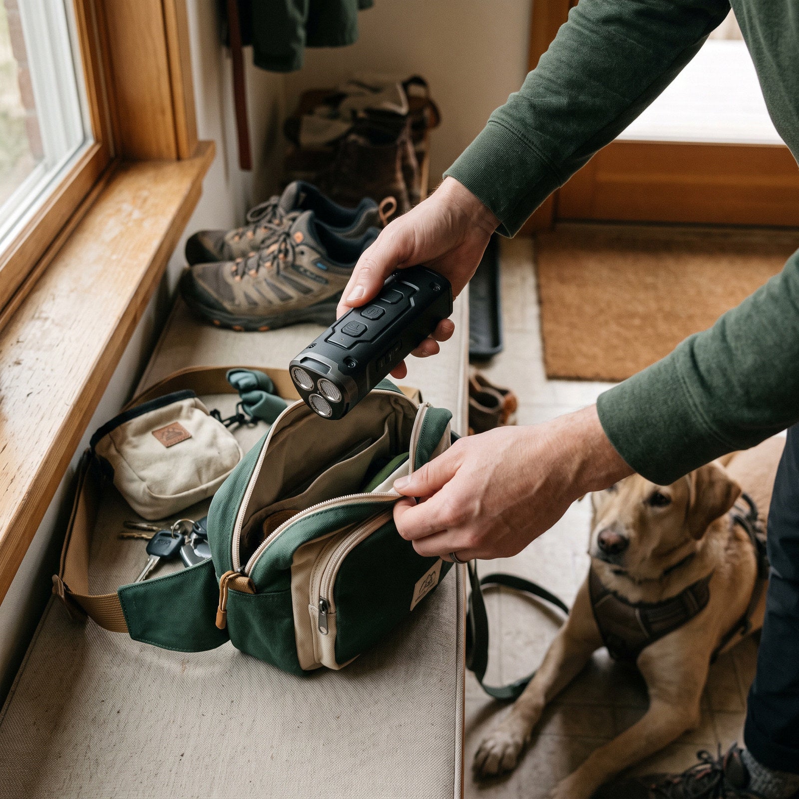 Owner packing a Black trainer and treat pouch into a walking bag