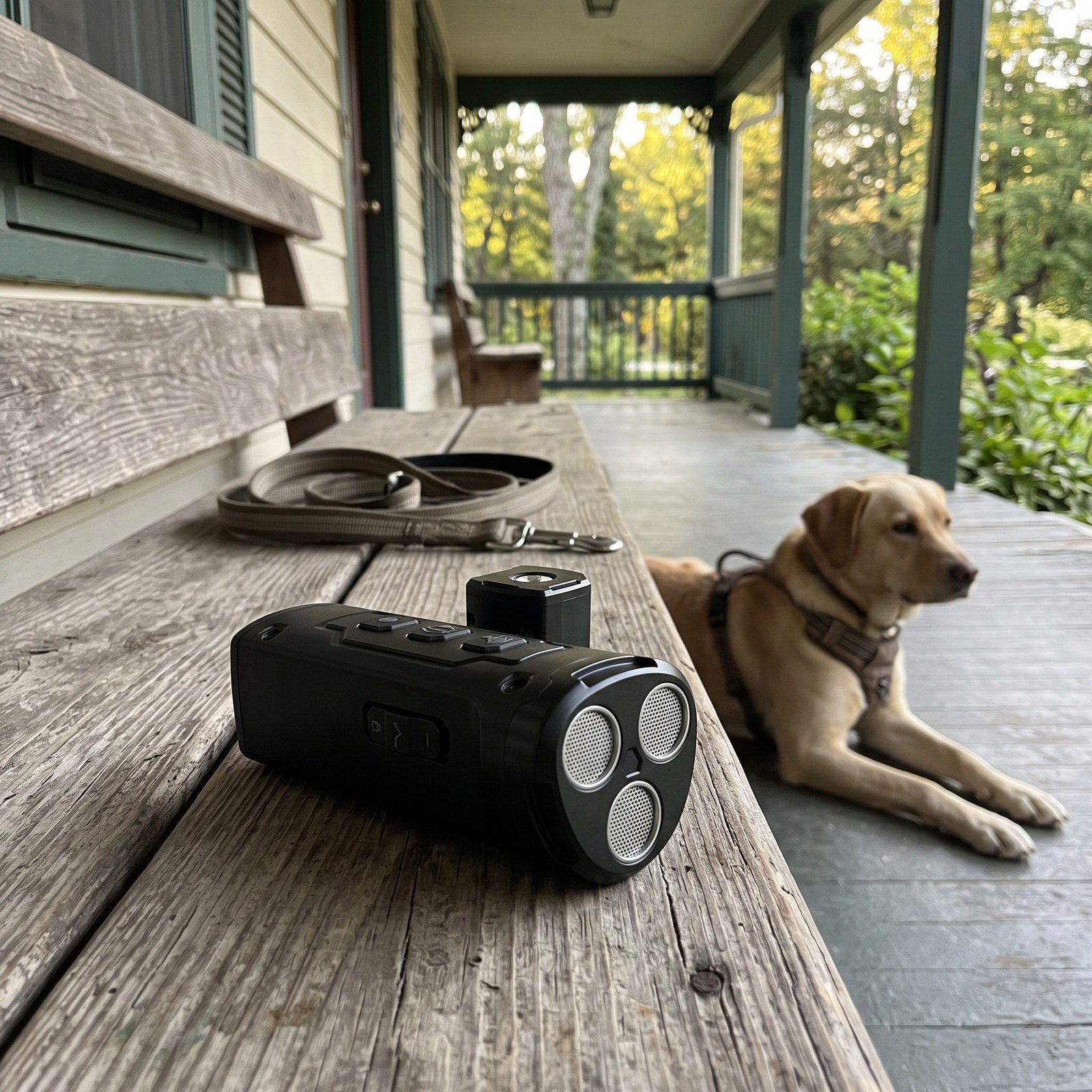 Black trainer on a porch bench beside a lead after practice