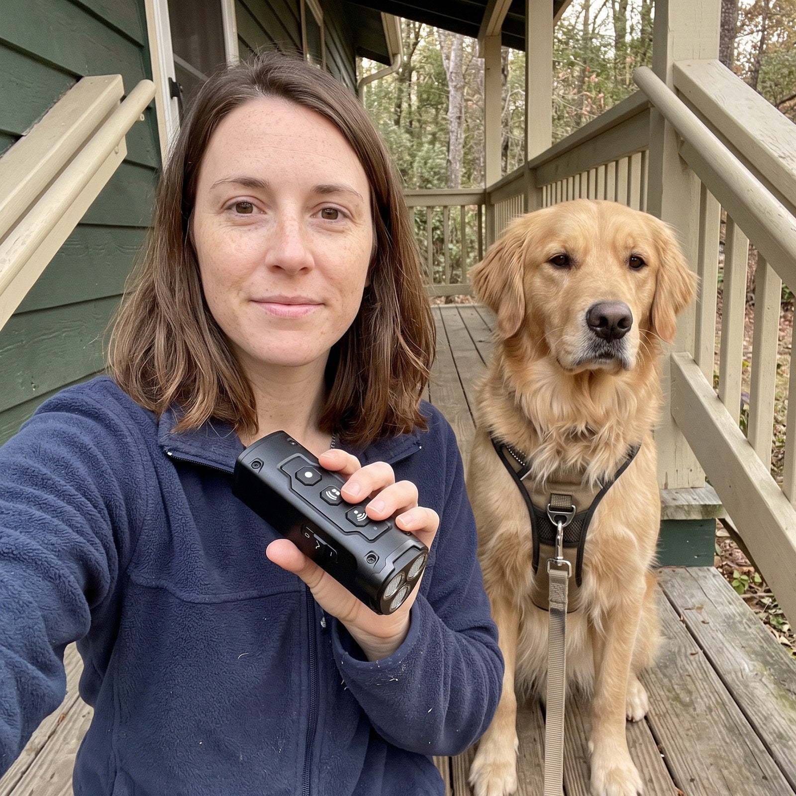 E. R. taking a porch selfie with a Black trainer and golden retriever
