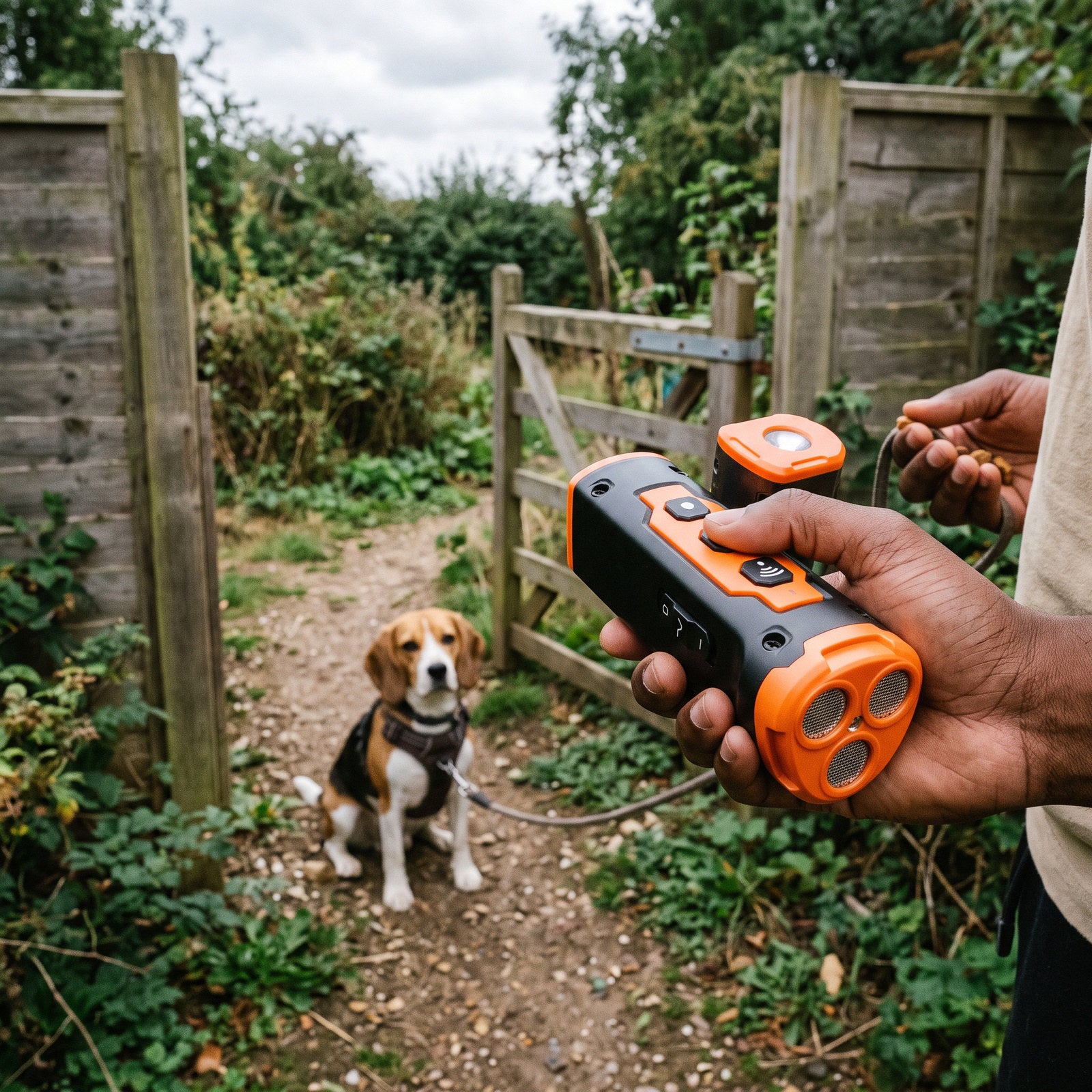 D. K.’s hand holding an Orange Black trainer at a garden gate with a beagle
