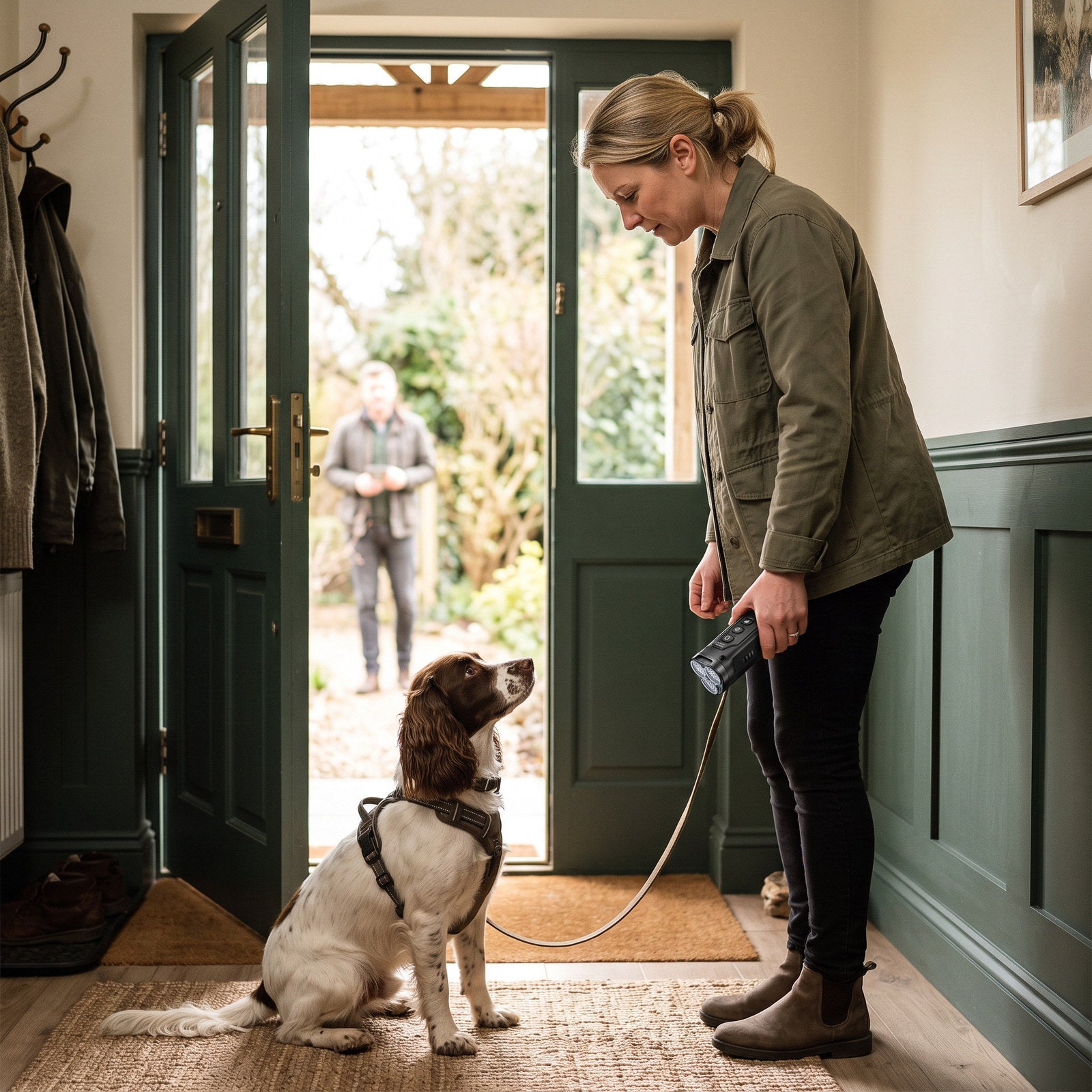 S. M. and spaniel practising at a front door with a Black trainer