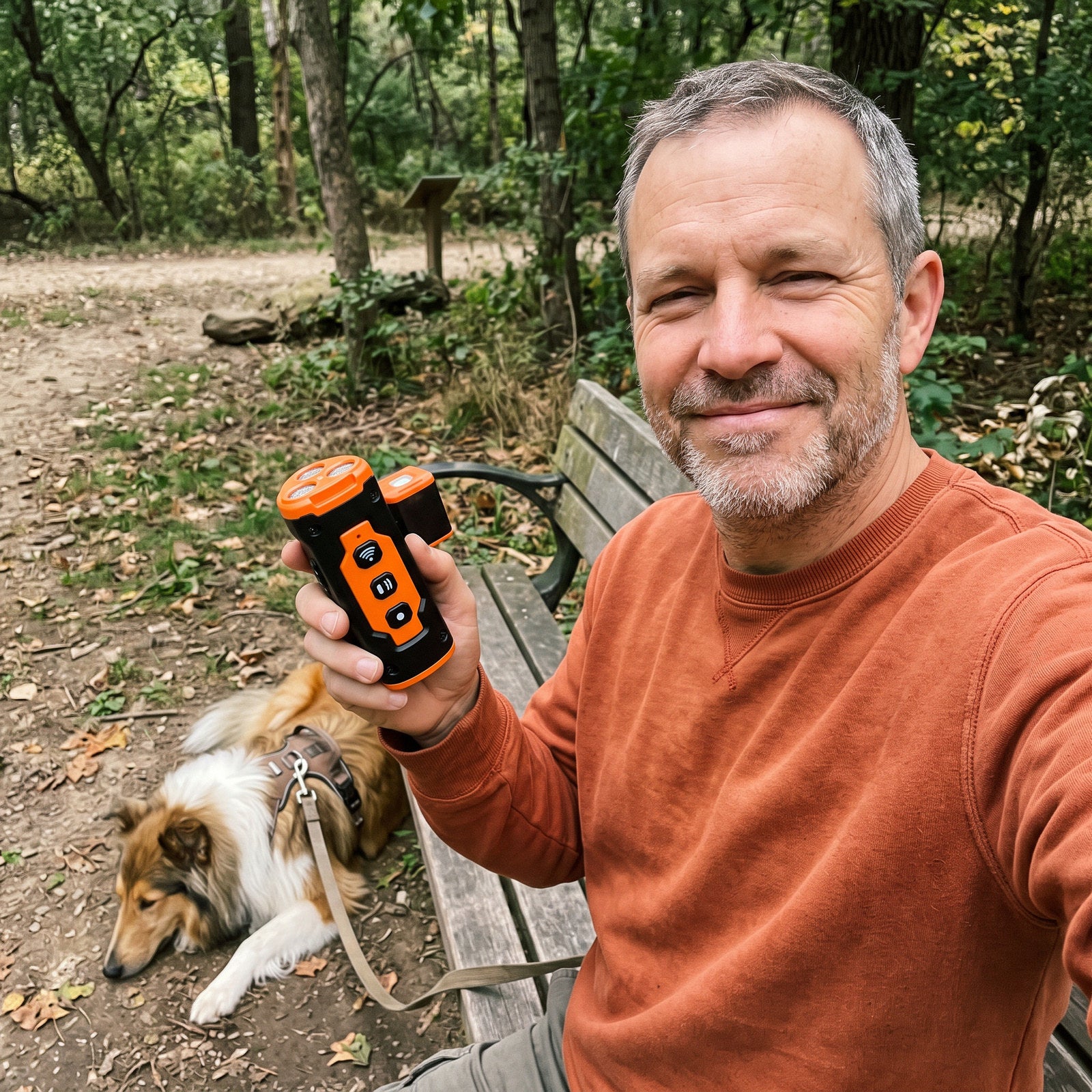 M. W. taking a park bench selfie with Orange Black trainer and collie