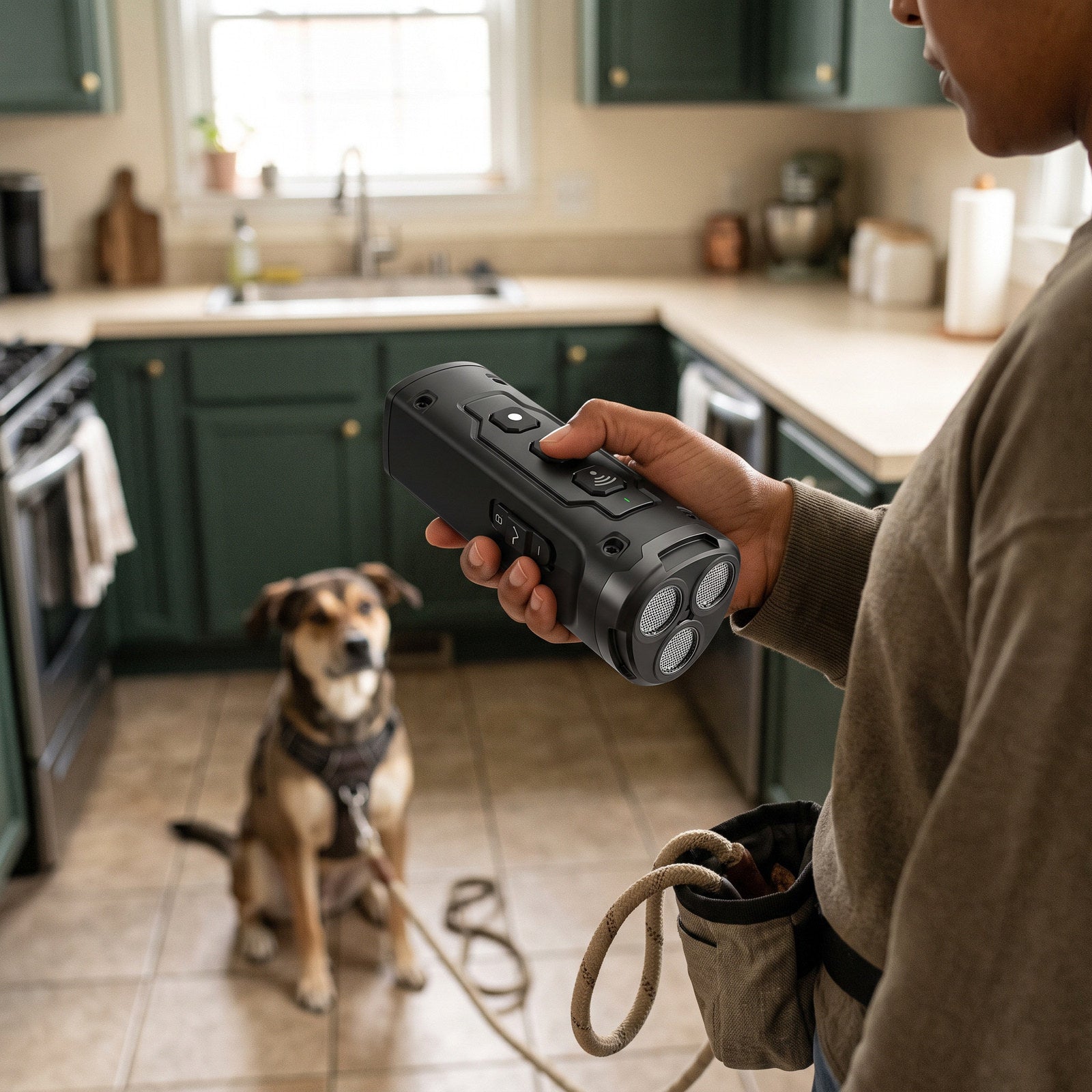 P. S.’s hand using a Black trainer button beside lead and treats in a kitchen