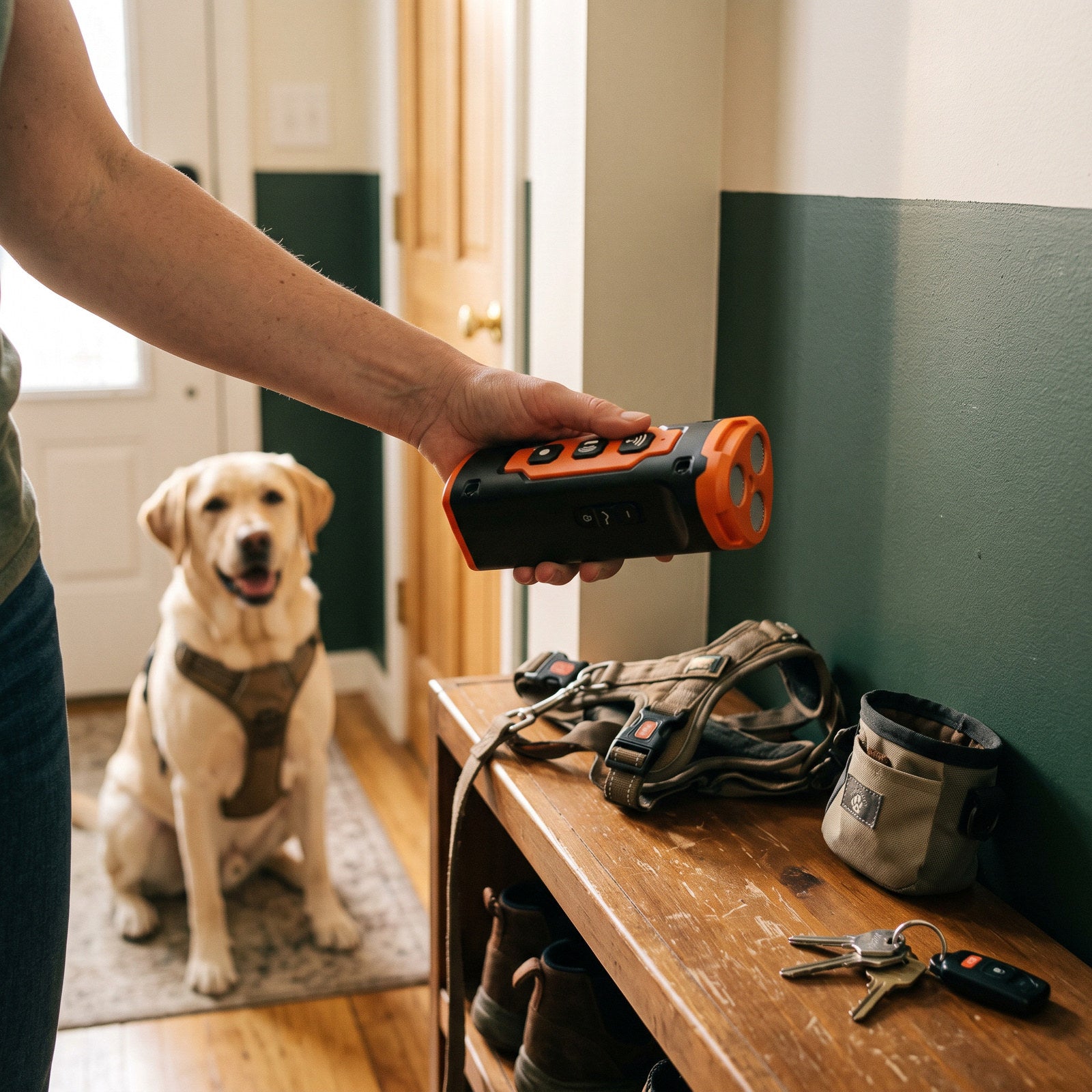 L. T. lifting an Orange Black trainer from an entry shelf before a walk